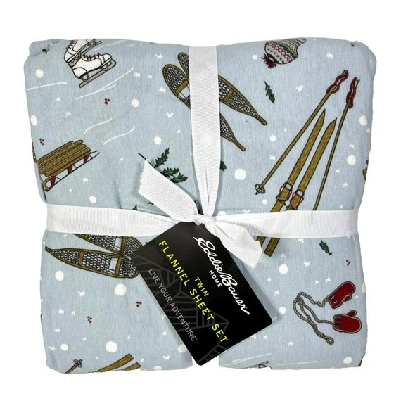Eddie Bauer Twin Flannel Sheet Set Winter Snow Day Print Blue - Picture 1 of 7